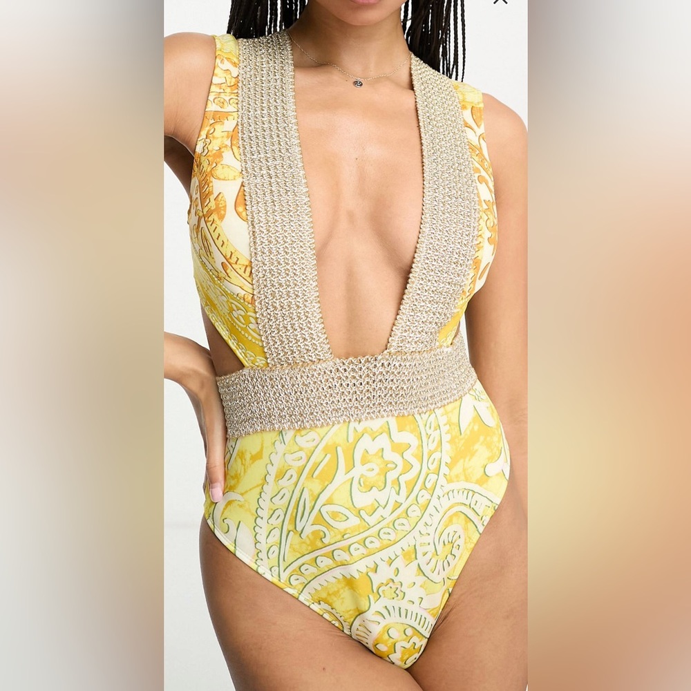River Island Yellow Paisley Crochet Plunge One-Piece Swimsuit